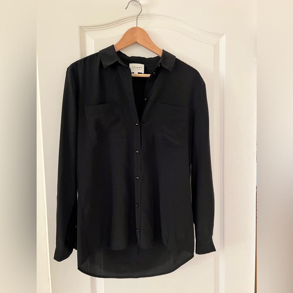 Sezane Chemise Boy - Black - 100% Silk - Size 36